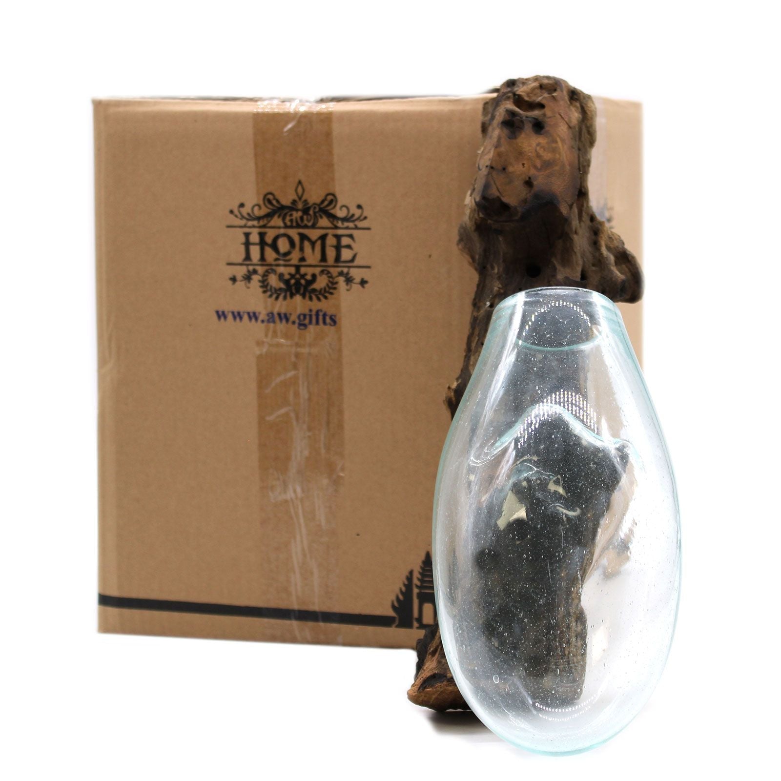Molten Glass on Wood Hanging Bowl (Hand-Blown Recycled Glass) - Molten Root