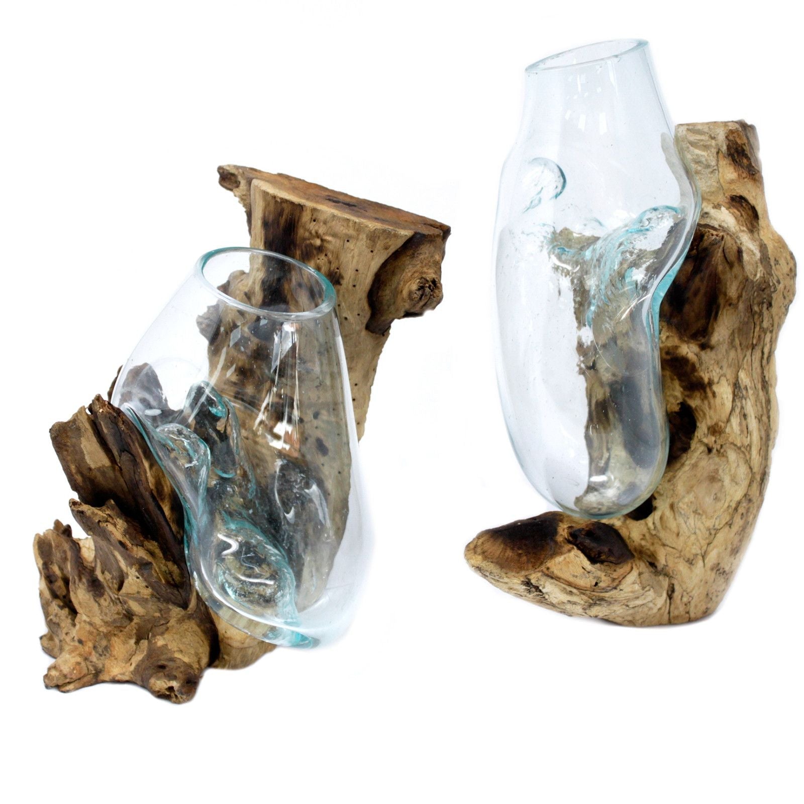 Molten Glass on Wood Hanging Bowl (Hand-Blown Recycled Glass) - Molten Root