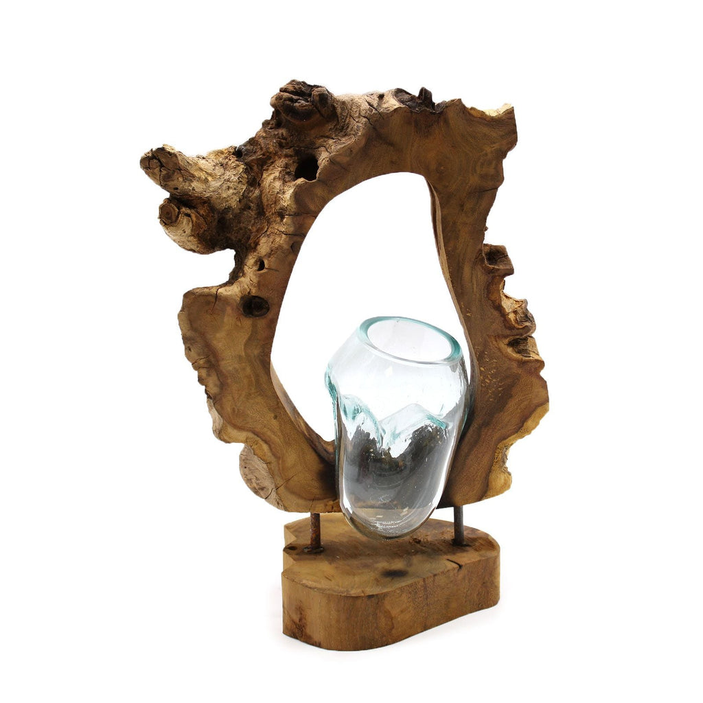 Molten Glass on Wood Hanging Vase (Hand-Blown Recycled Glass) - Molten Root