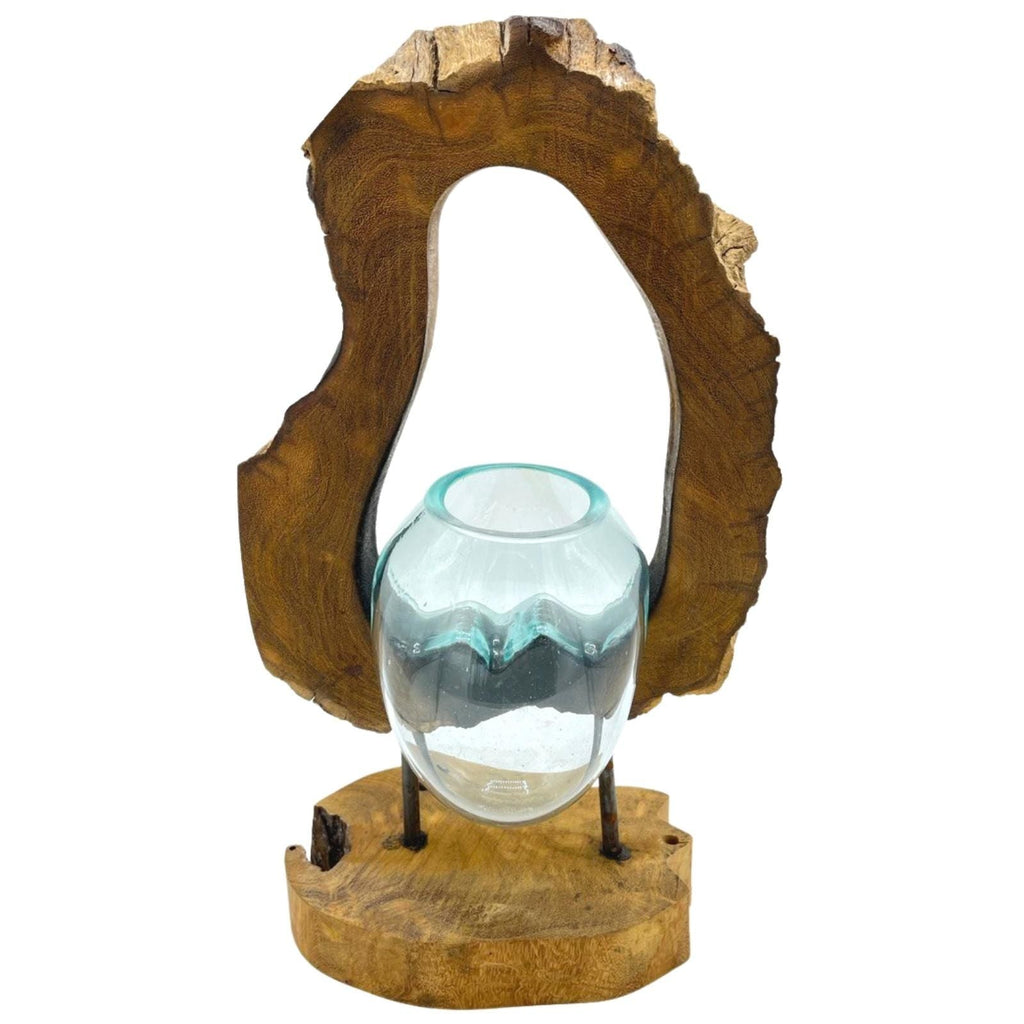 Molten Glass on Wood Hanging Vase (Hand-Blown Recycled Glass) - Molten Root