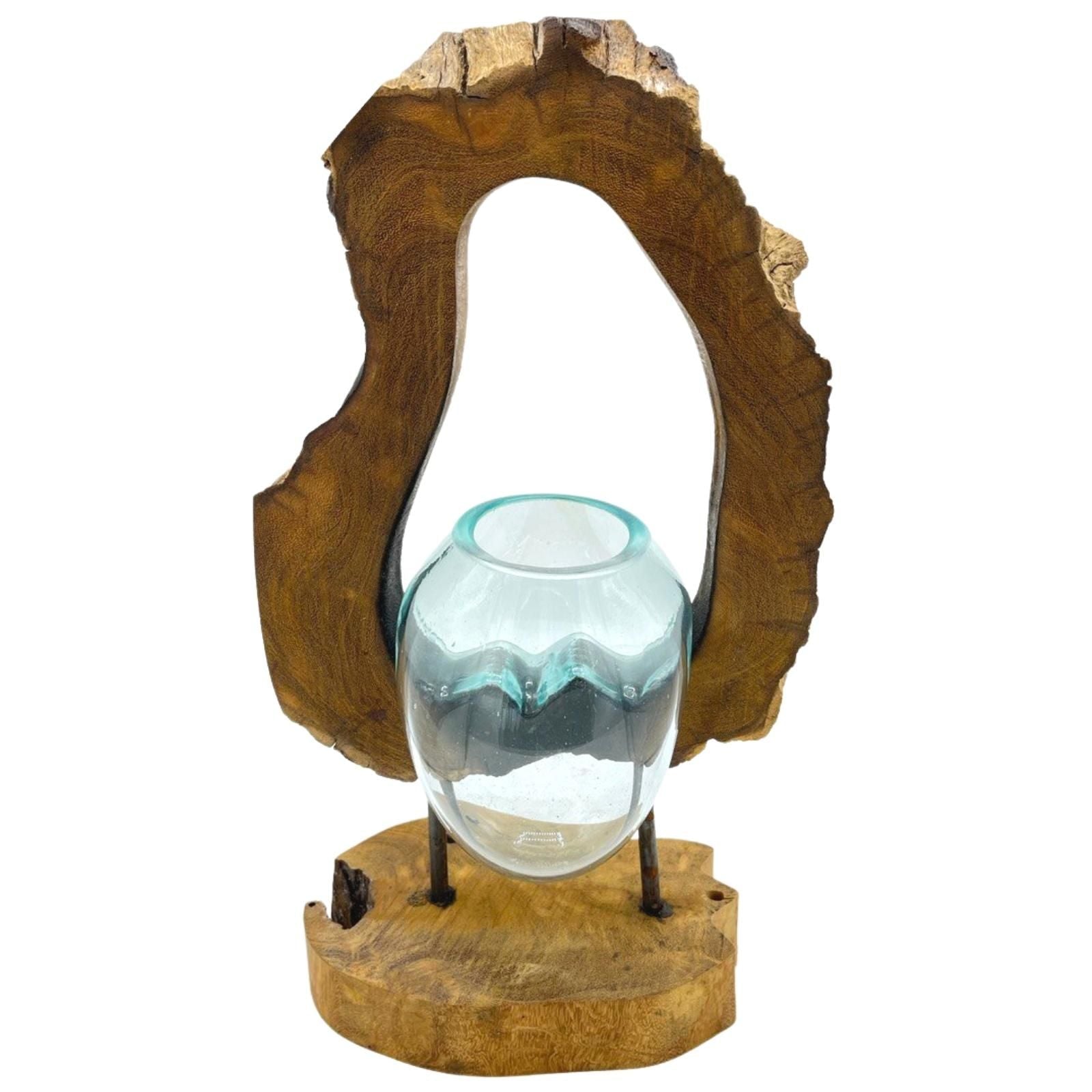 Molten Glass on Wood Hanging Vase (Hand-Blown Recycled Glass) - Molten Root