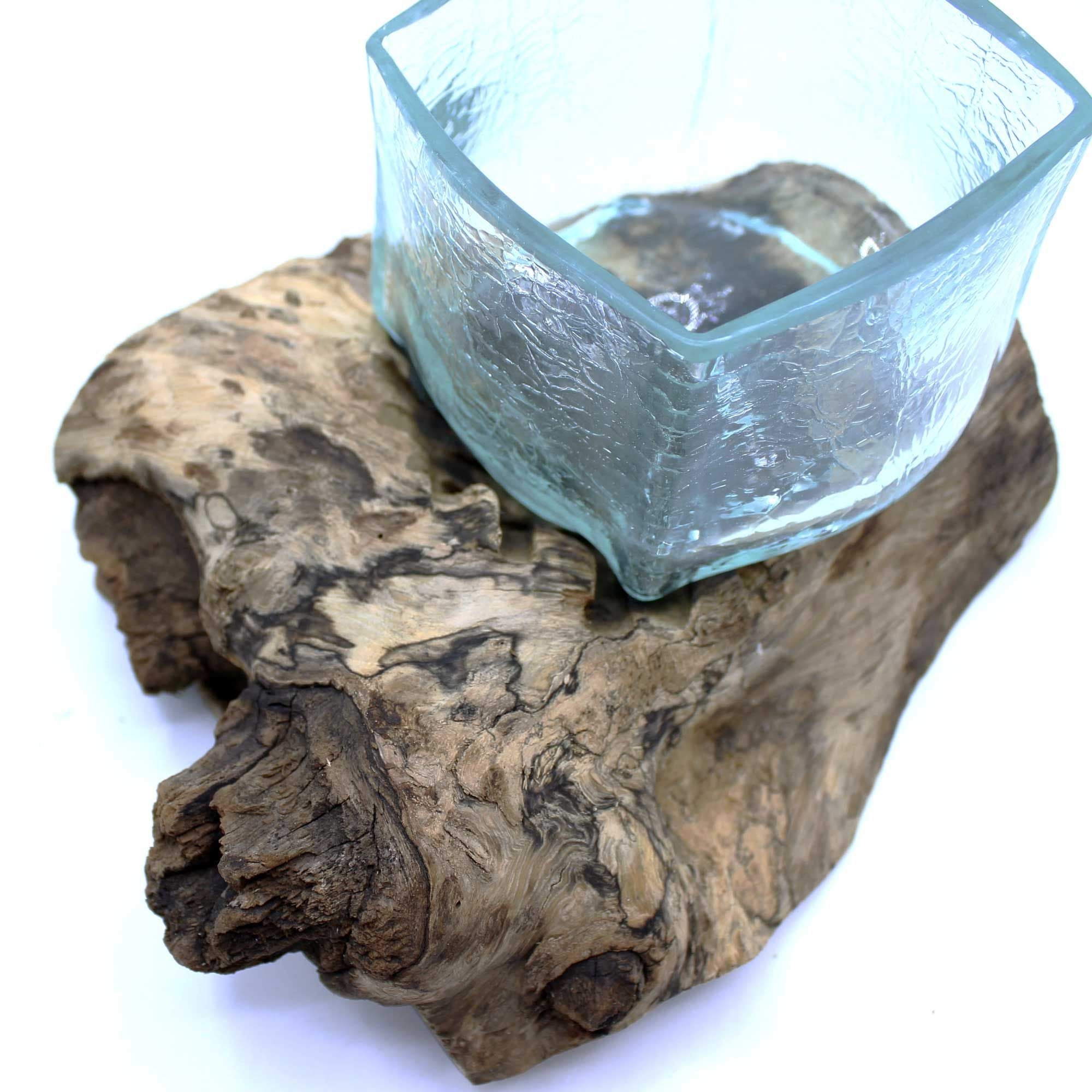 Molten Glass on Wood Tank, Crackled Recycled Glass Terrarium - Molten Root
