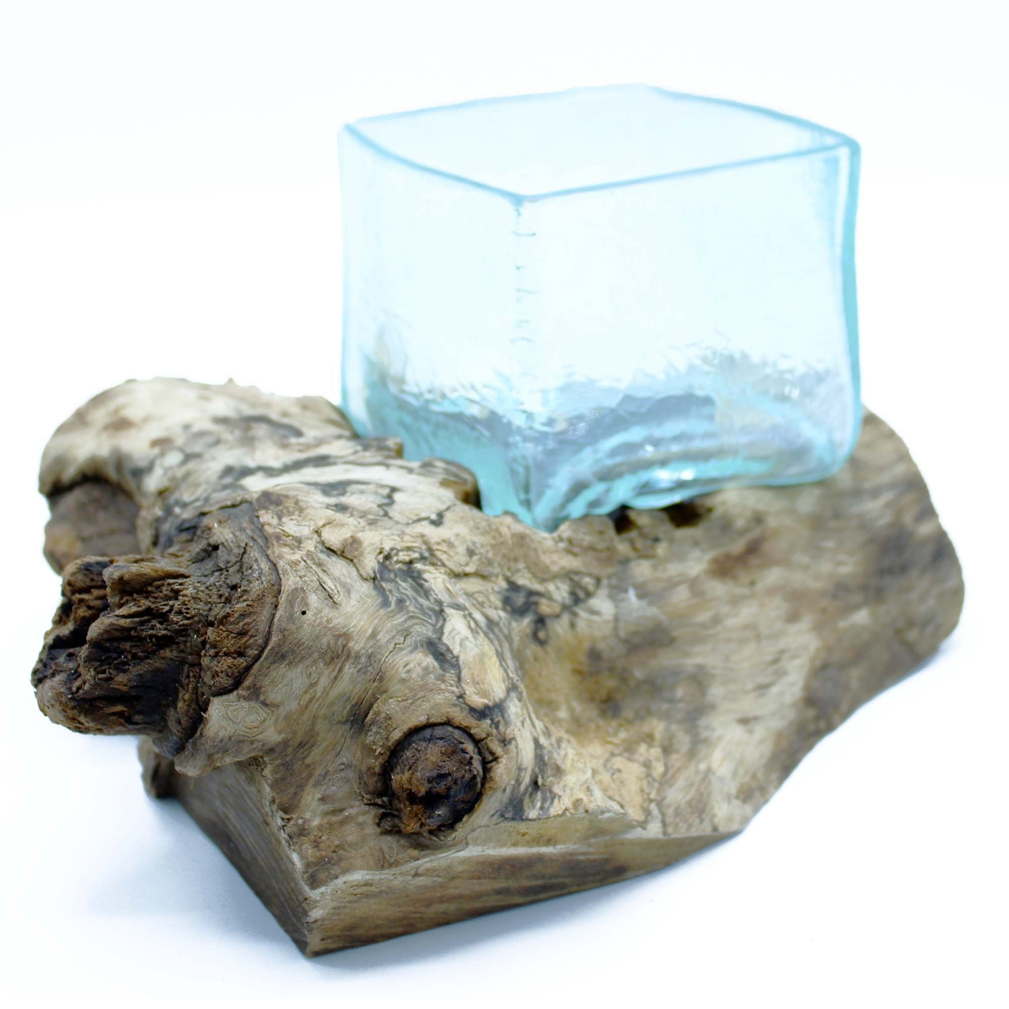 Molten Glass on Wood Tank, Crackled Recycled Glass Terrarium - Molten Root