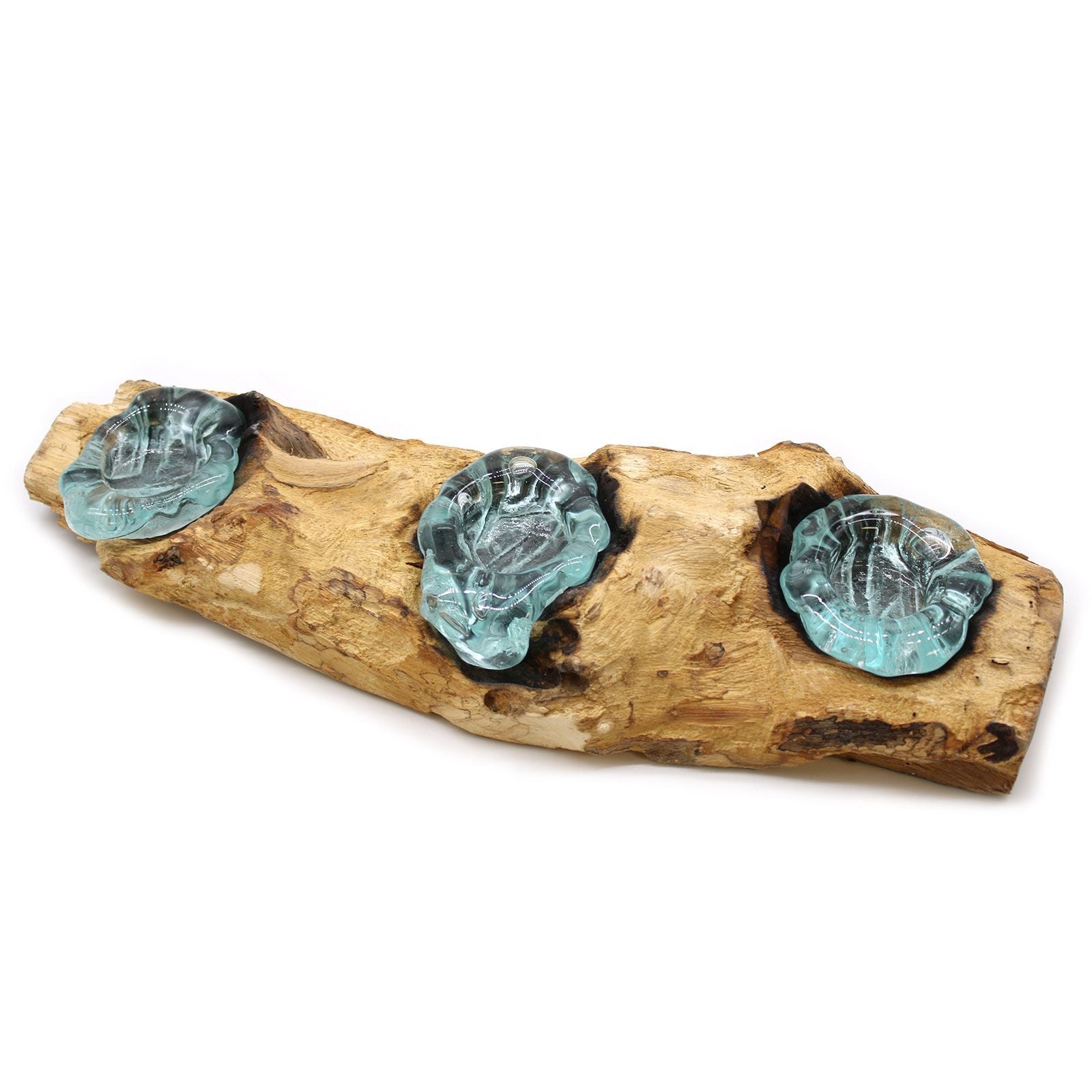 Molten Glass on Wood Triple Candle Holder (Hand-Blown Recycled Glass) - Molten Root