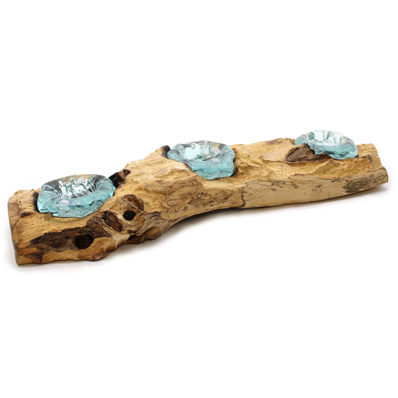 Molten Glass on Wood Triple Candle Holder (Hand-Blown Recycled Glass) - Molten Root