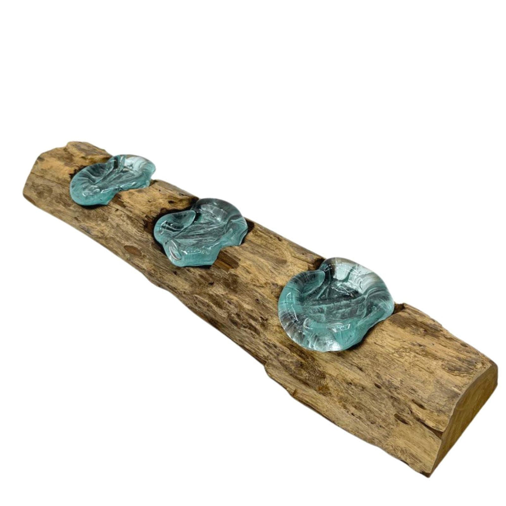 Molten Glass on Wood Triple Candle Holder (Hand-Blown Recycled Glass) - Molten Root
