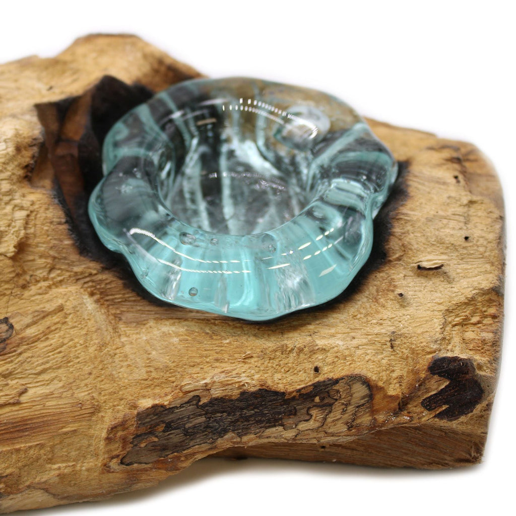 Molten Glass on Wood Triple Candle Holder (Hand-Blown Recycled Glass) - Molten Root