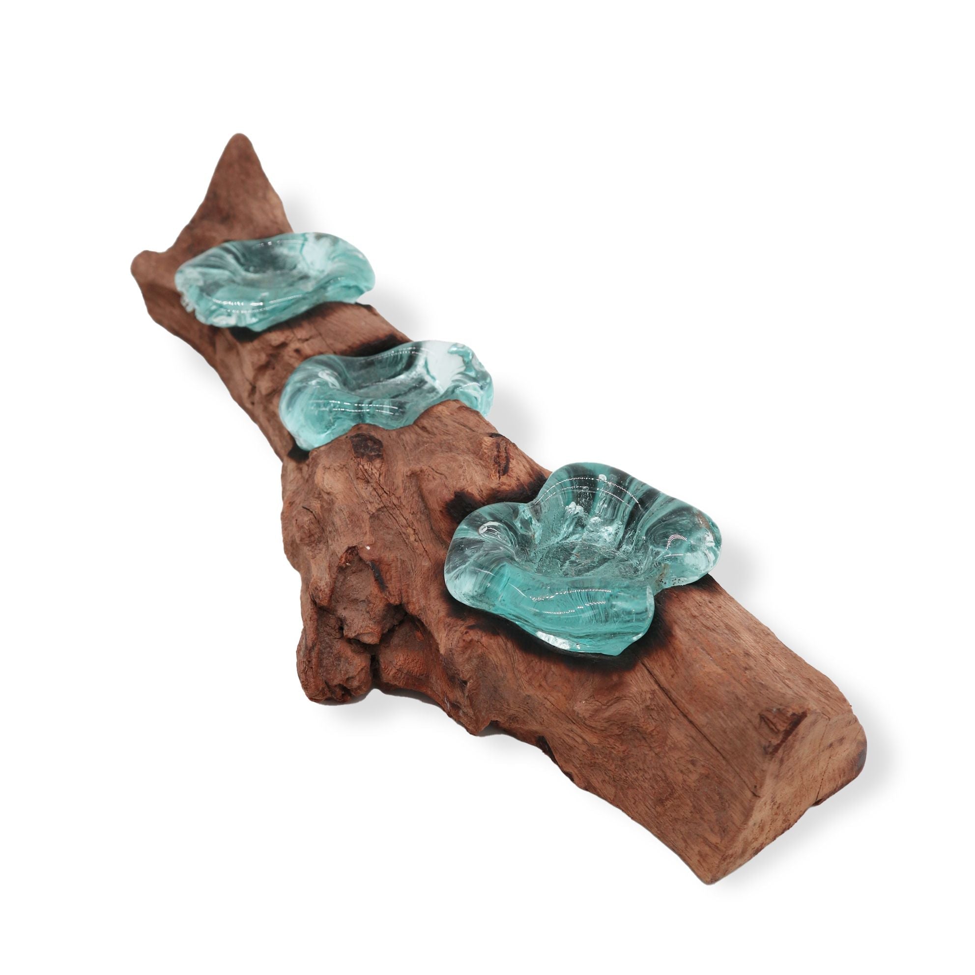 Molten Glass on Wood Triple Candle Holder (Hand-Blown Recycled Glass) - Molten Root