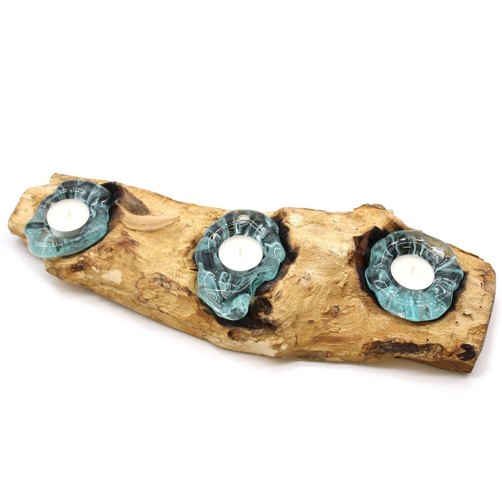 Molten Glass on Wood Triple Candle Holder (Hand-Blown Recycled Glass) - Molten Root