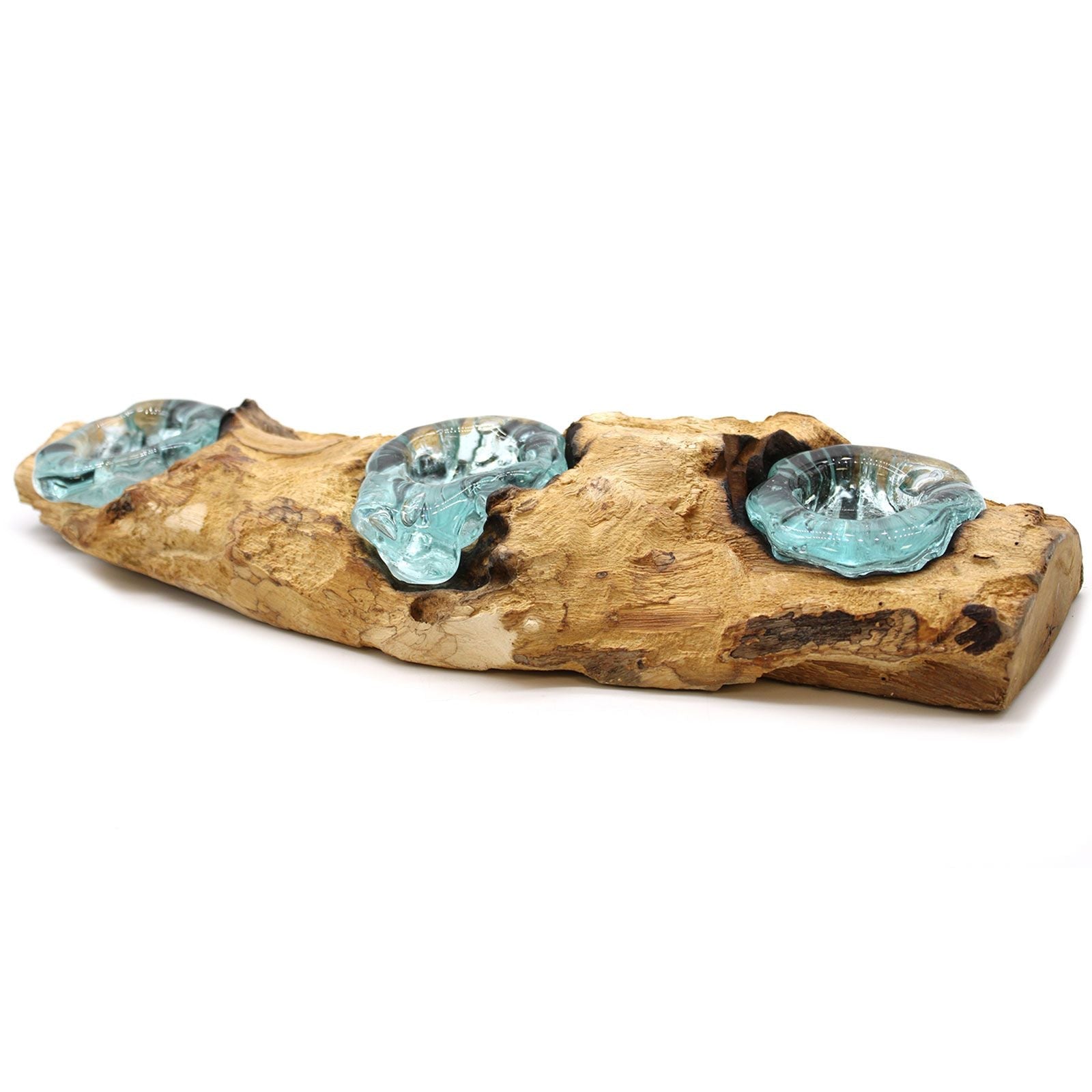 Molten Glass on Wood Triple Candle Holder (Hand-Blown Recycled Glass) - Molten Root