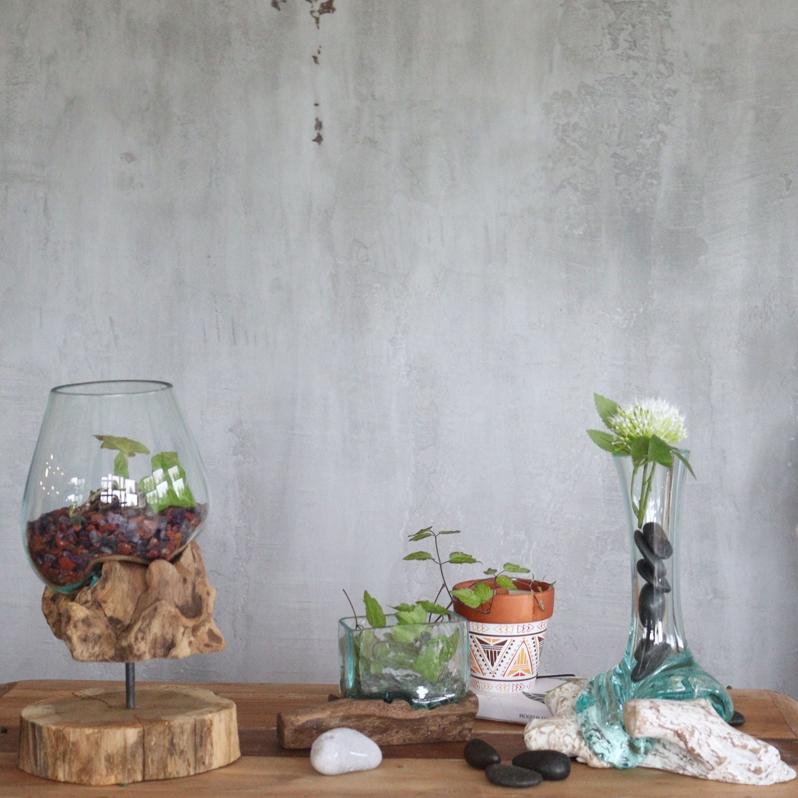 Molten Glass on Wood Vase (Hand-Blown Recycled Glass) - Molten Root