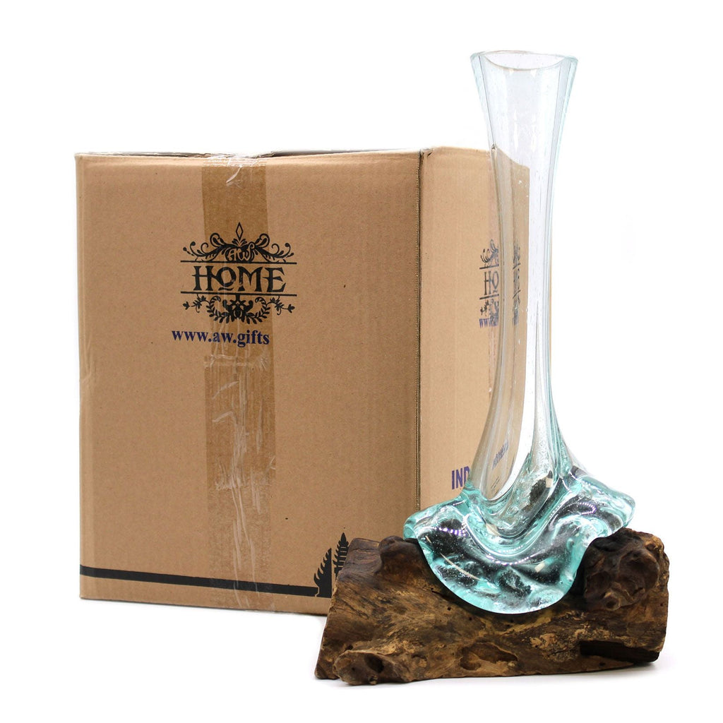 Molten Glass on Wood Vase (Hand-Blown Recycled Glass) - Molten Root