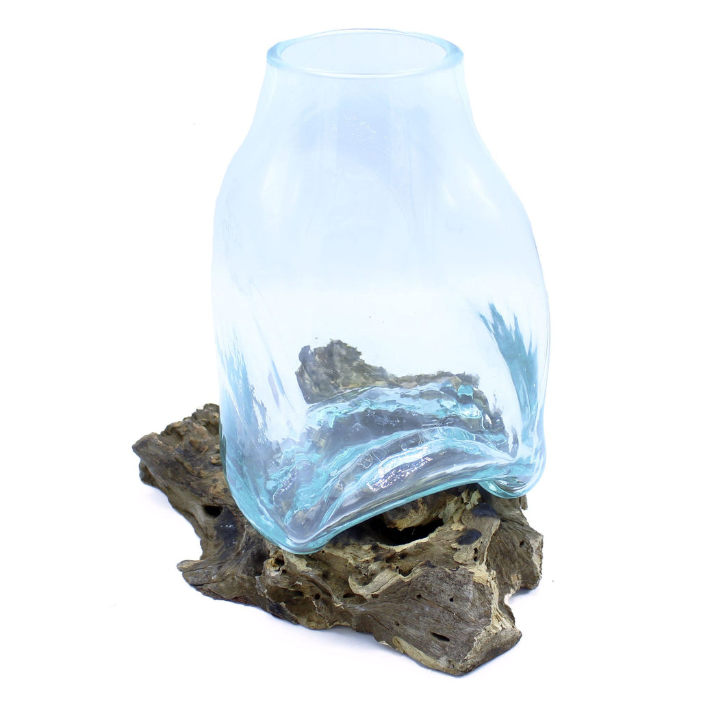 Molten Glass on Wood Vase, Large (Hand-Blown Recycled Glass Terrarium) - Molten Root