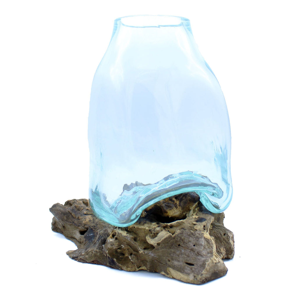 Molten Glass on Wood Vase, Large (Hand-Blown Recycled Glass Terrarium) - Molten Root