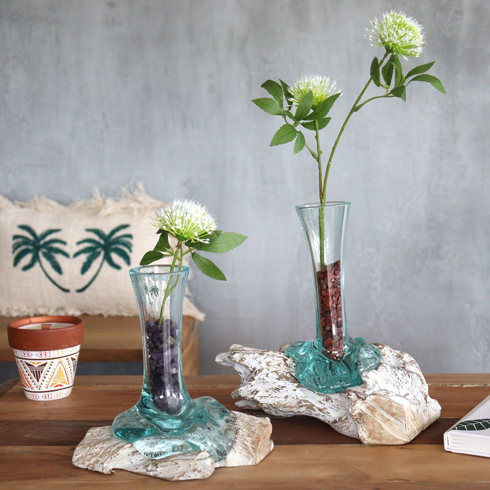 Molten Glass on Wood Vase, Medium (Hand-Blown Recycled Glass) - Molten Root