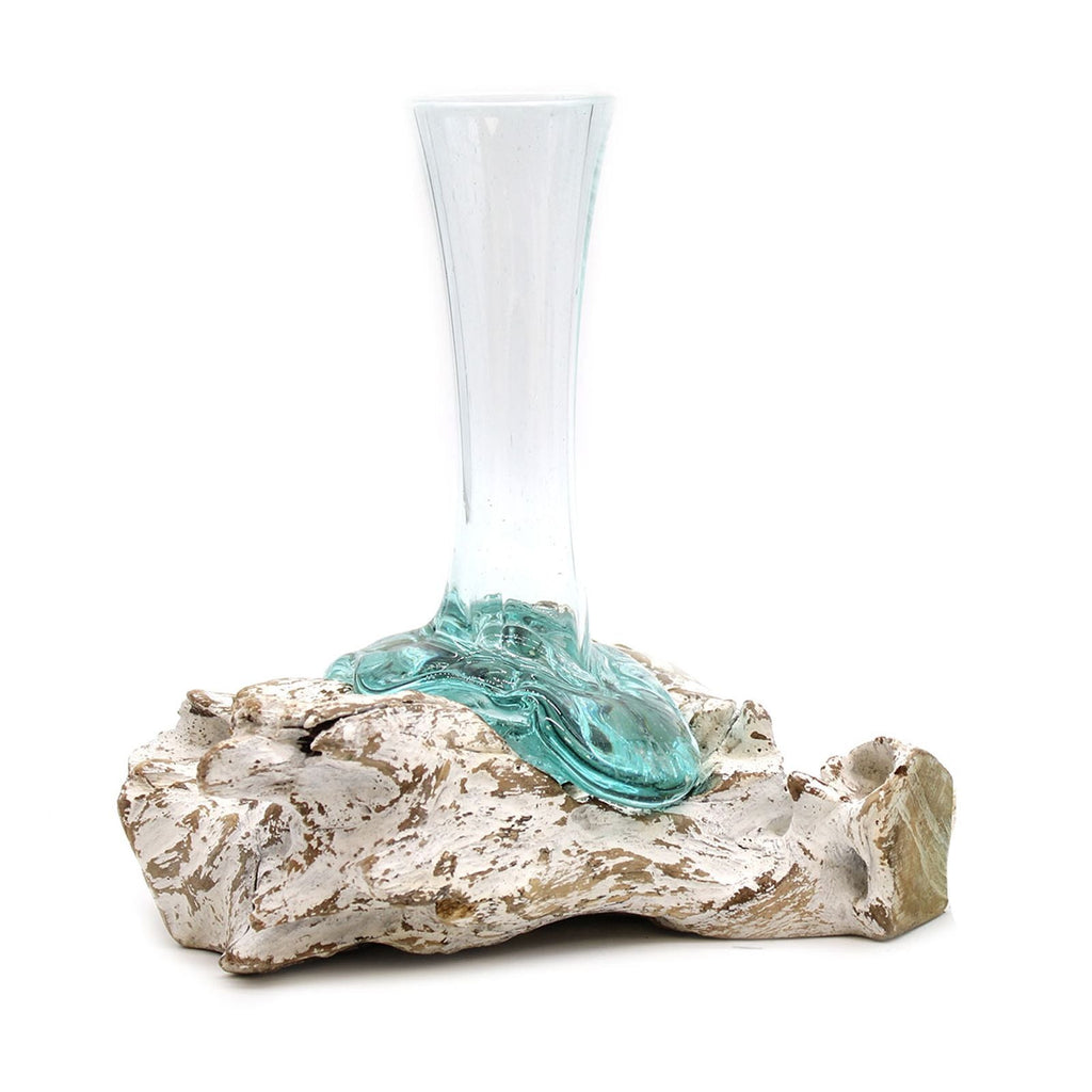 Molten Glass on Wood Vase, Medium (Hand-Blown Recycled Glass) - Molten Root