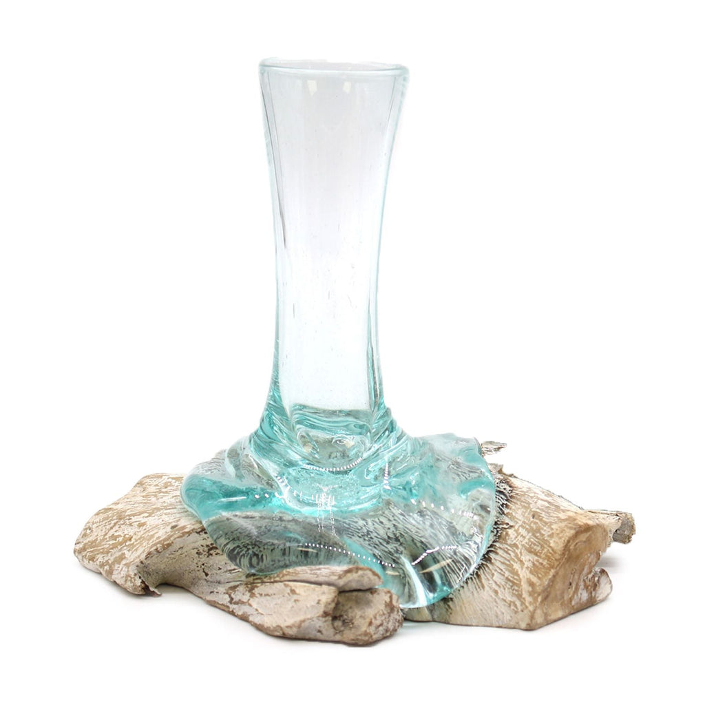 Molten Glass on Wood Vase, Small (Hand-Blown Recycled Glass) - Molten Root