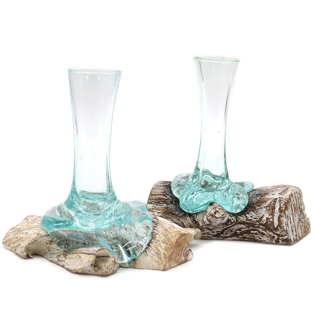 Molten Glass on Wood Vase, Small (Hand-Blown Recycled Glass) - Molten Root