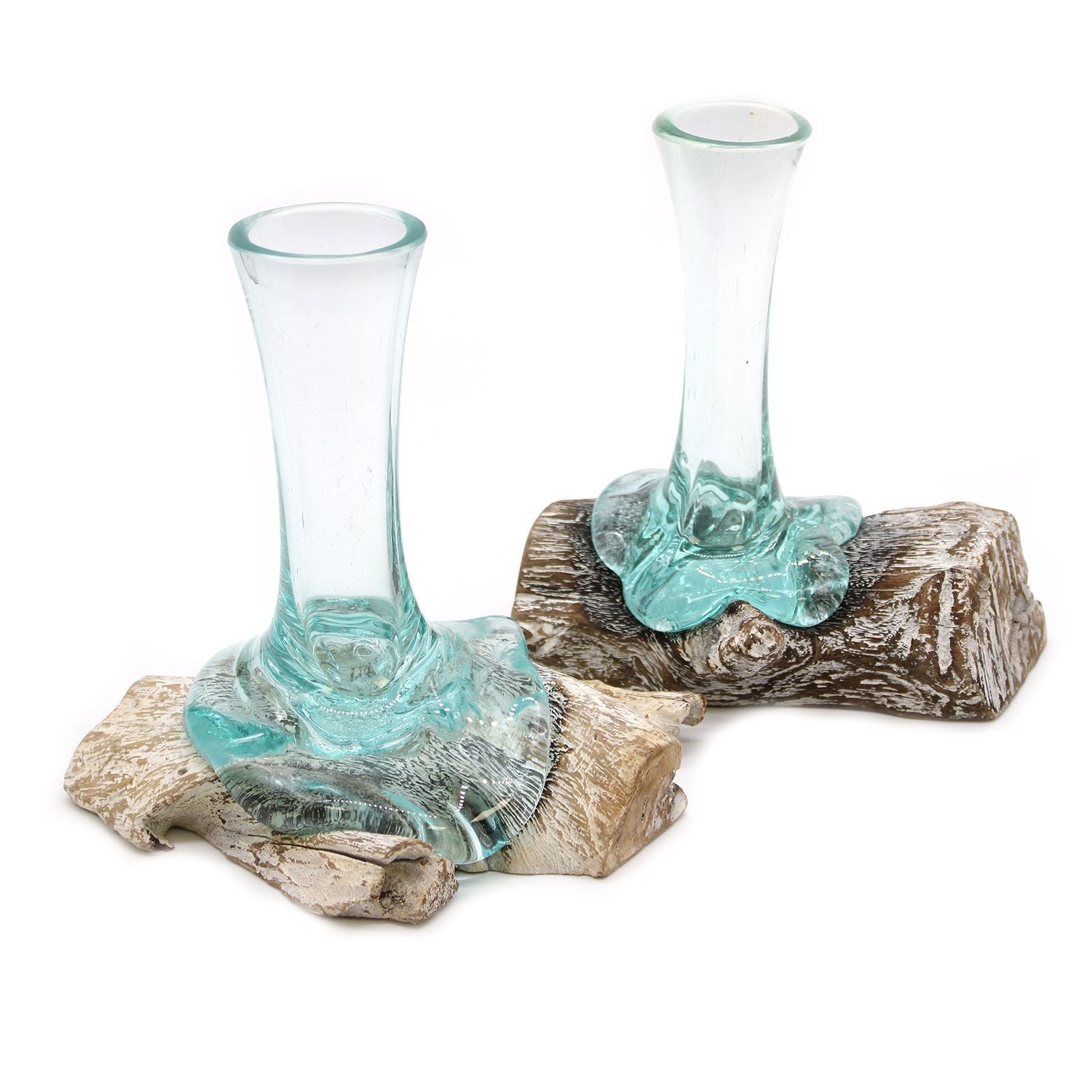 Molten Glass on Wood Vase, Small (Hand-Blown Recycled Glass) - Molten Root