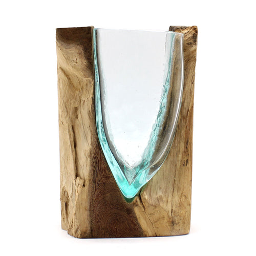 Molten Glass on Wood Vase, V-Shaped (Hand-Blown Recycled Glass) - Molten Root