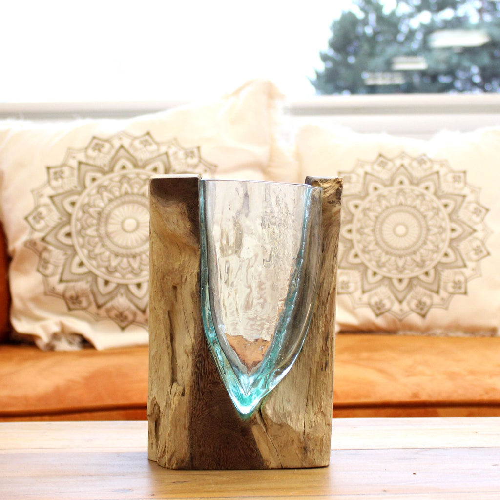 Molten Glass on Wood Vase, V-Shaped (Hand-Blown Recycled Glass) - Molten Root