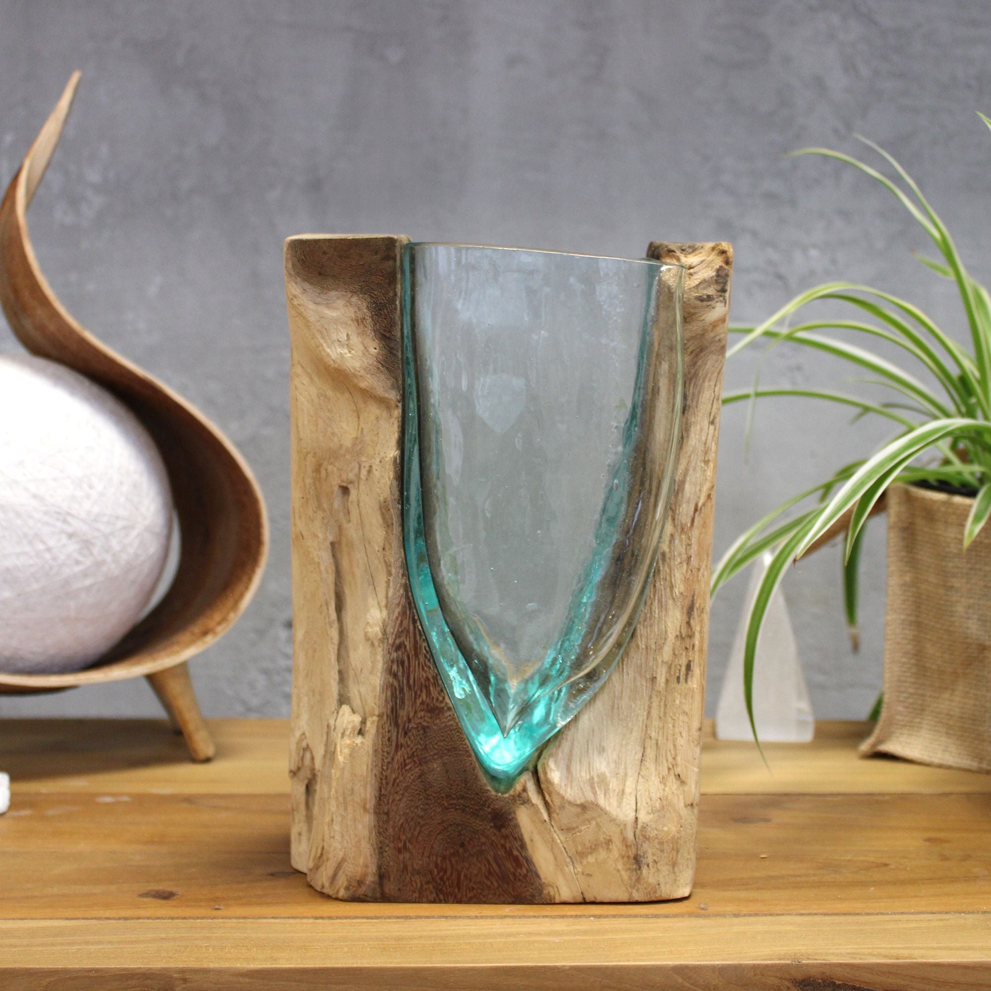 Molten Glass on Wood Vase, V-Shaped (Hand-Blown Recycled Glass) - Molten Root