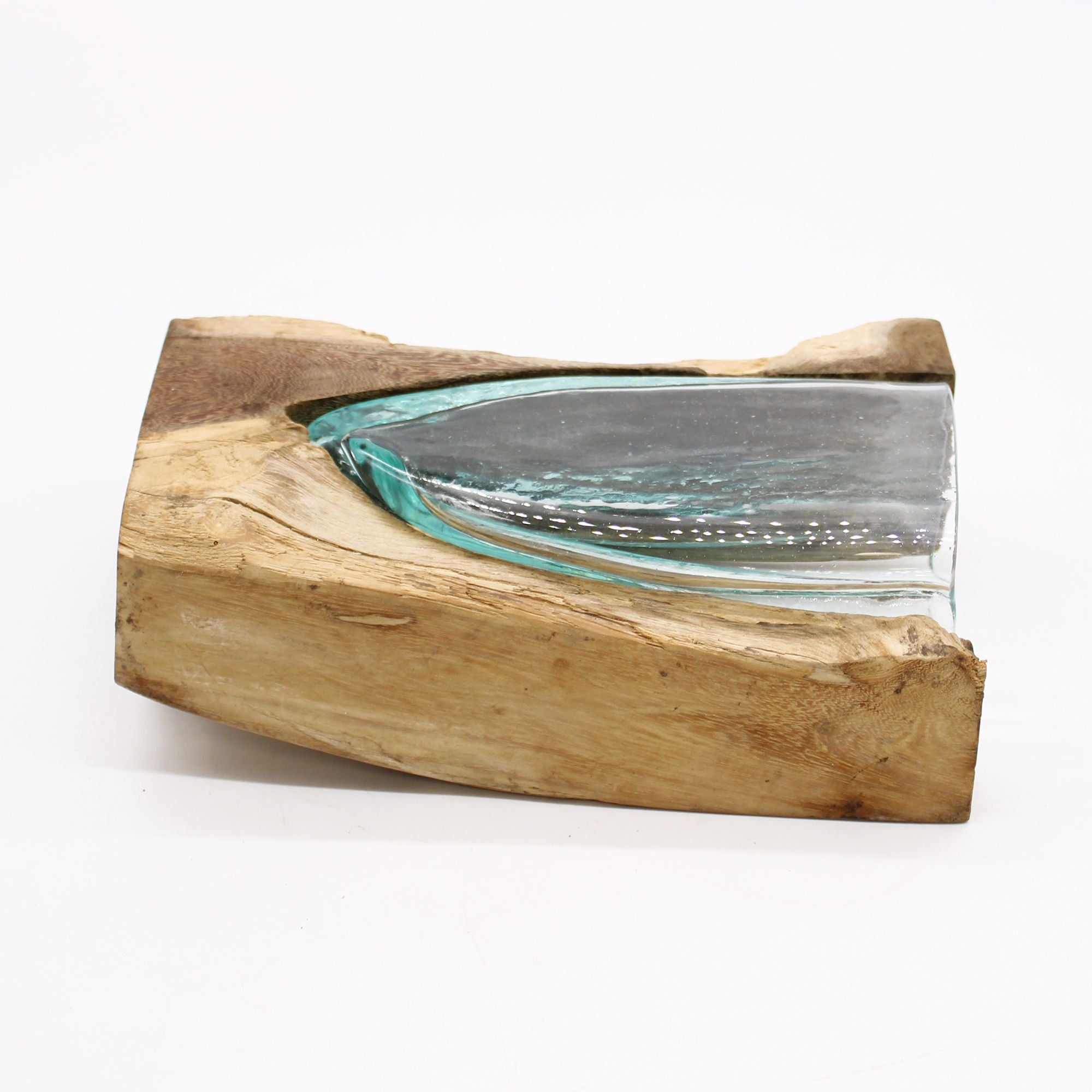 Molten Glass on Wood Vase, V-Shaped (Hand-Blown Recycled Glass) - Molten Root
