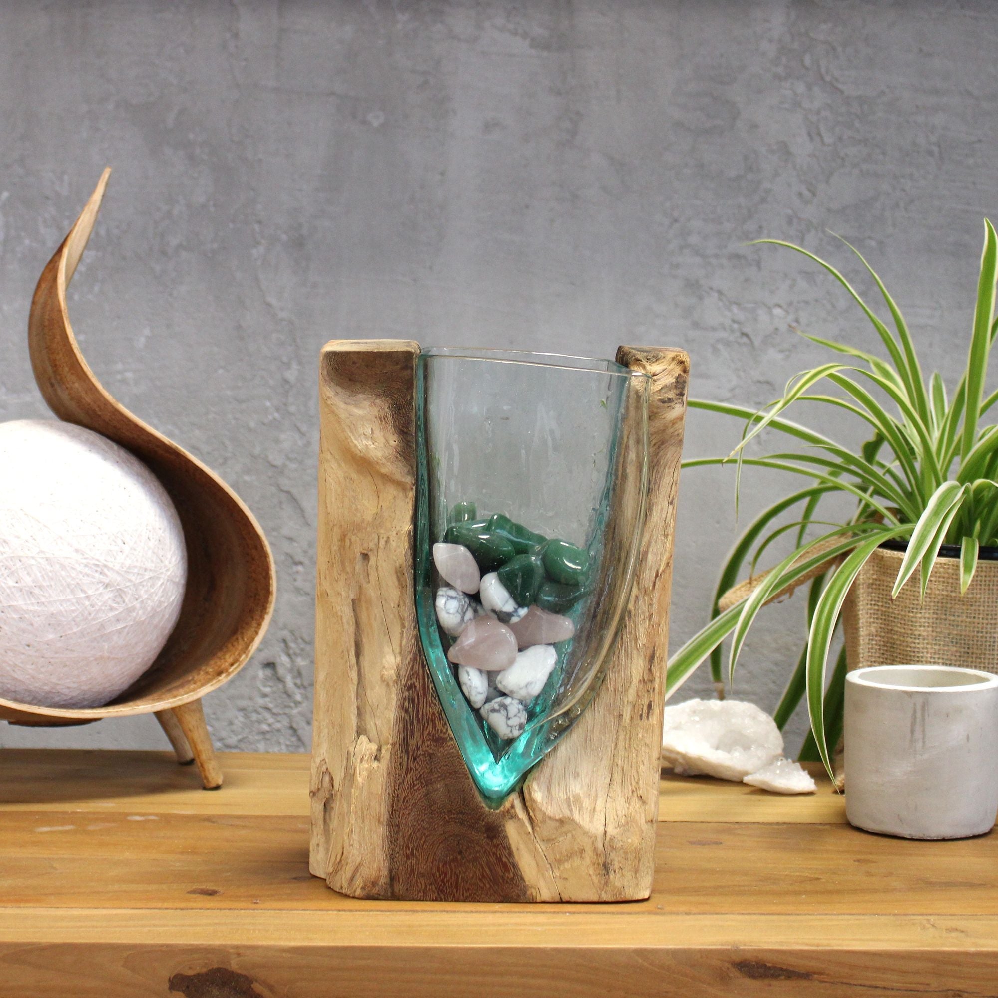 Molten Glass on Wood Vase, V-Shaped (Hand-Blown Recycled Glass) - Molten Root