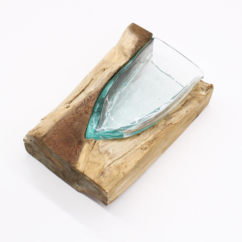 Molten Glass on Wood Vase, V-Shaped (Hand-Blown Recycled Glass) - Molten Root