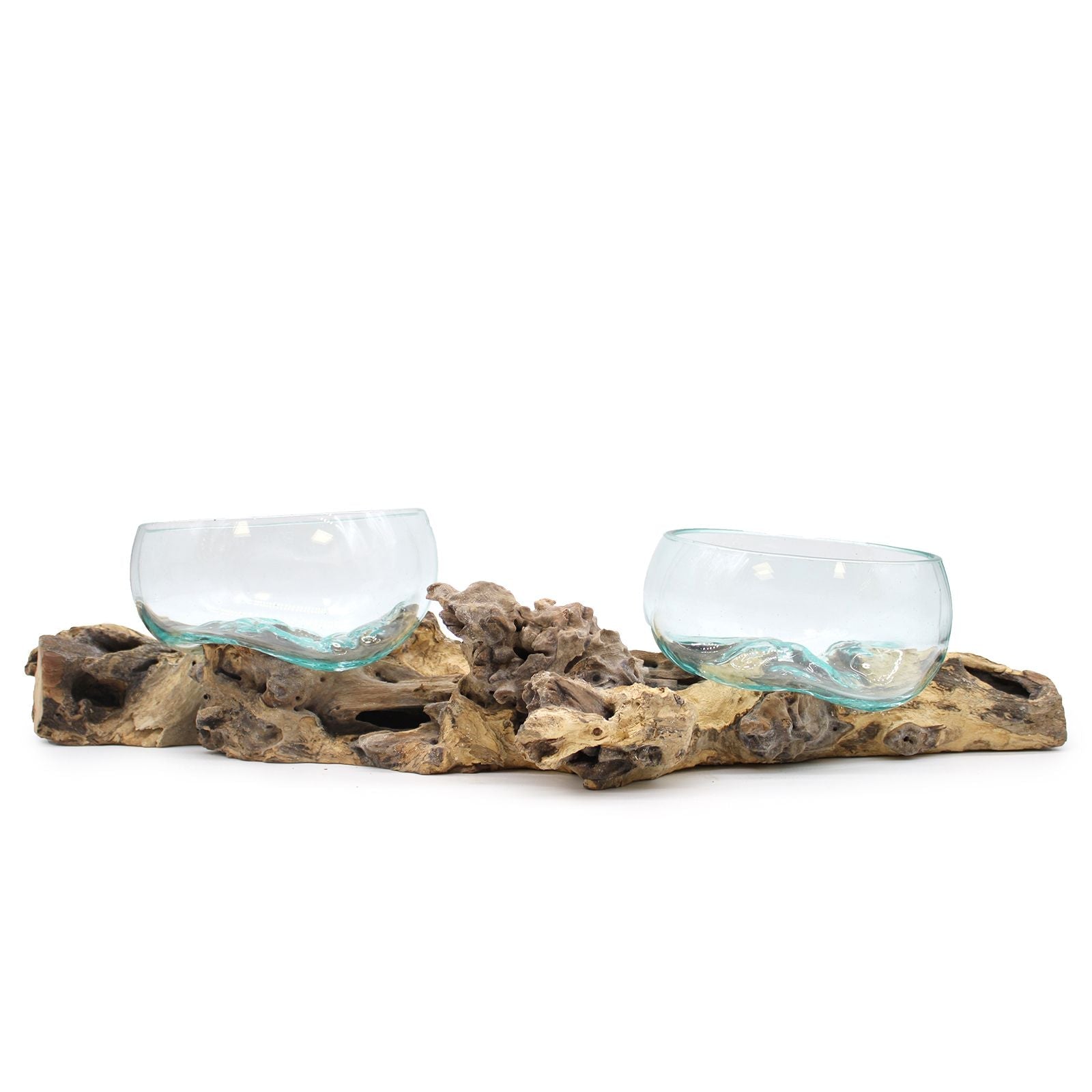Molten Glass on Wood Vase, XL Double Stand 70cm (Hand-Blown Recycled Glass) - Molten Root