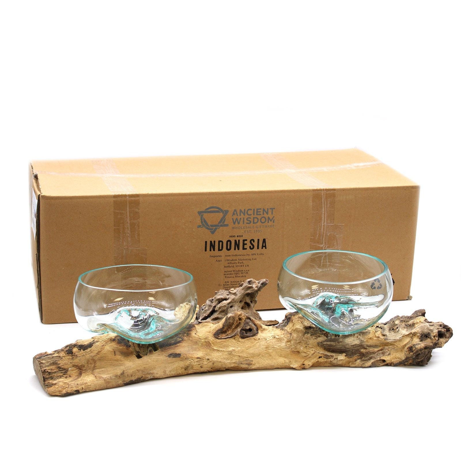 Molten Glass on Wood Vase, XL Double Stand 70cm (Hand-Blown Recycled Glass) - Molten Root