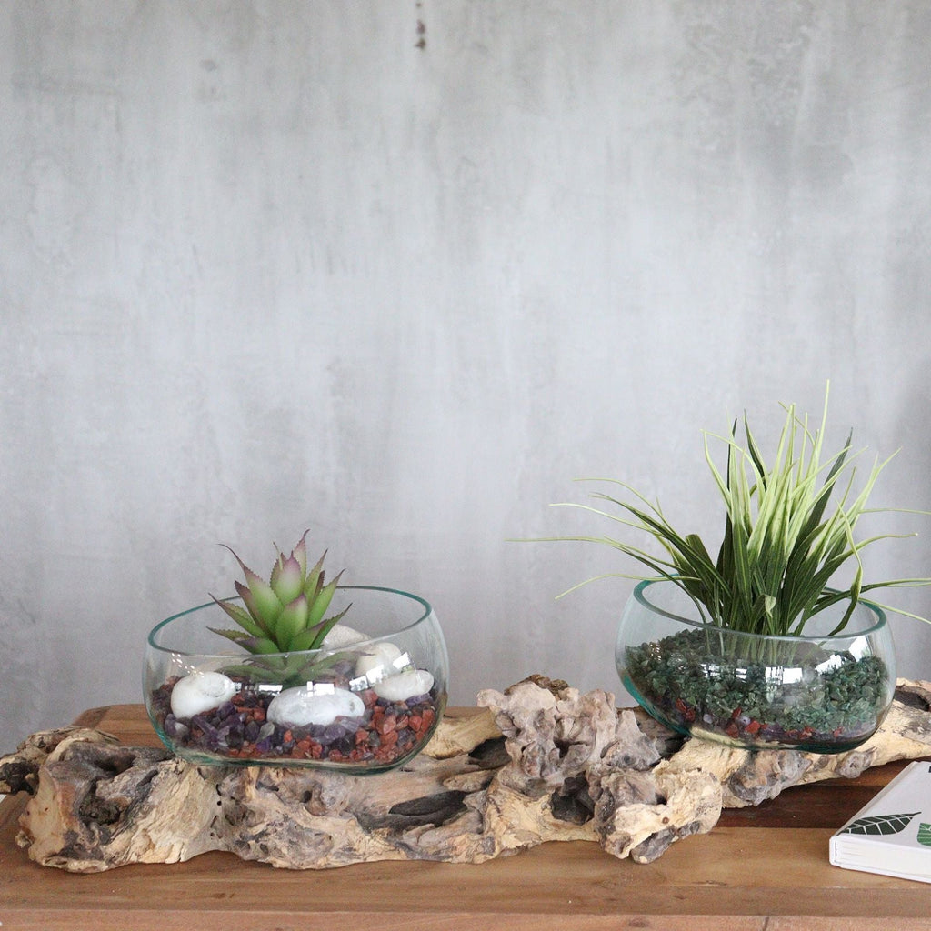 Molten Glass on Wood Vase, XL Double Stand 70cm (Hand-Blown Recycled Glass) - Molten Root