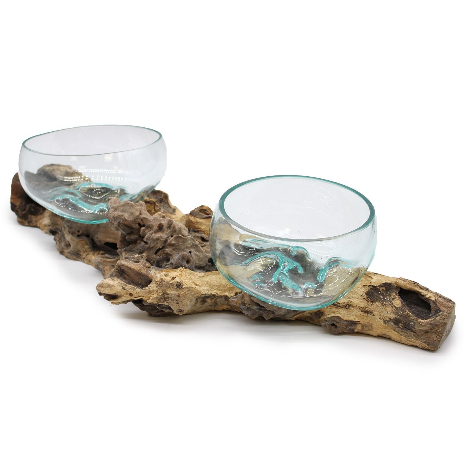 Molten Glass on Wood Vase, XL Double Stand 70cm (Hand-Blown Recycled Glass) - Molten Root