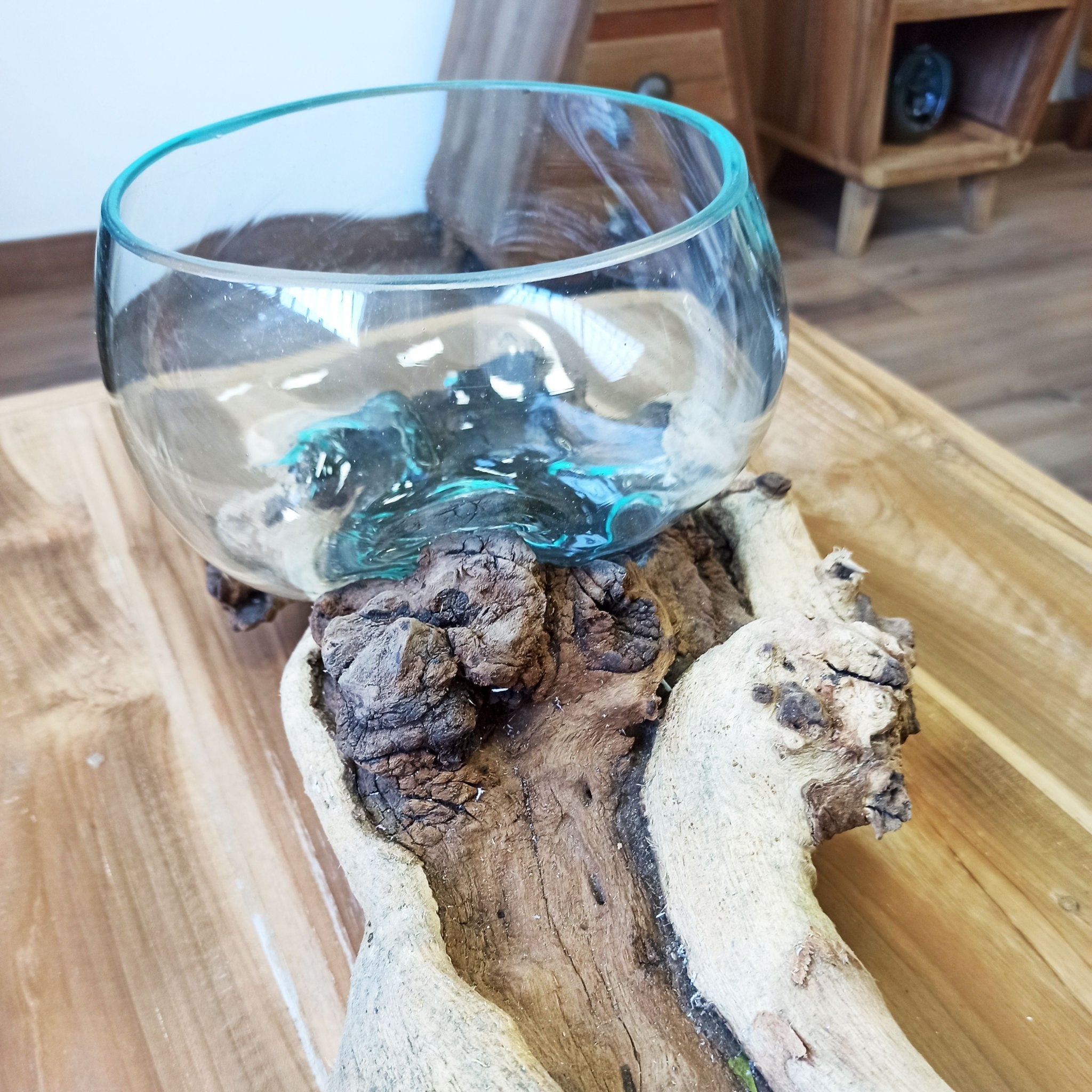 Molten Glass on Wood Vase, XL Double Stand 70cm (Hand-Blown Recycled Glass) - Molten Root