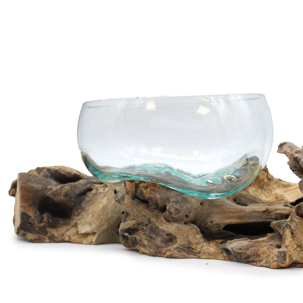 Molten Glass on Wood Vase, XL Double Stand 70cm (Hand-Blown Recycled Glass) - Molten Root