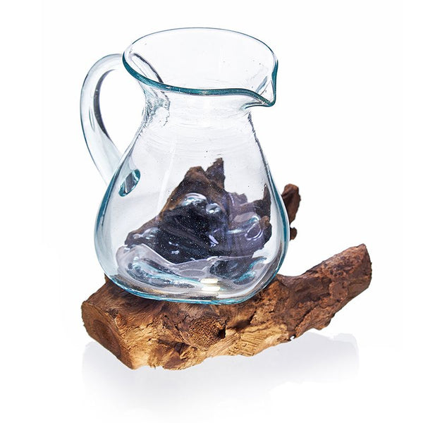 Molten Glass on Wood Water Jug (Hand-Blown Recycled Glass) - Molten Root