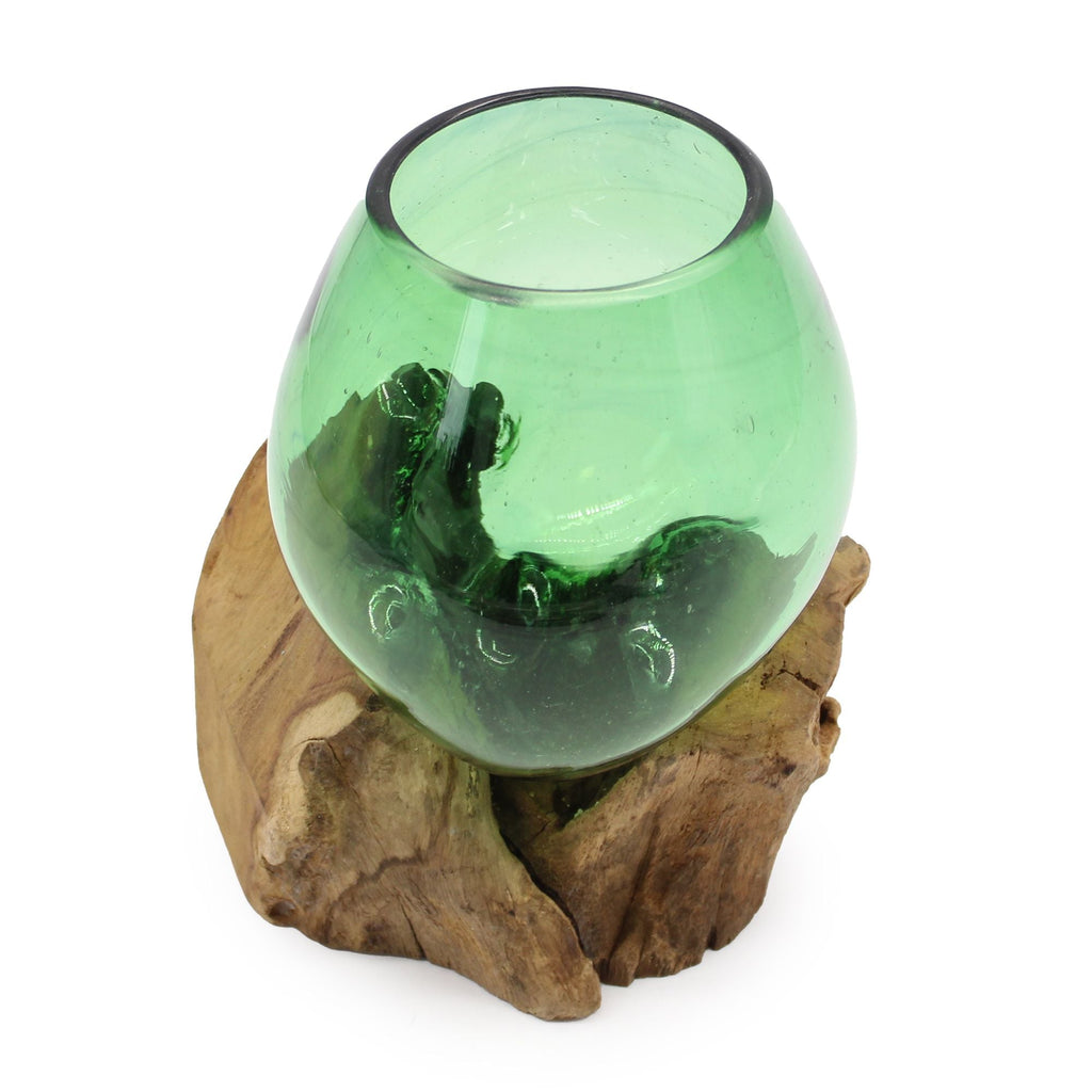 Recycled Beer Bottle Glass Bowl on Wood, Small (Hand-Blown) - Molten Root