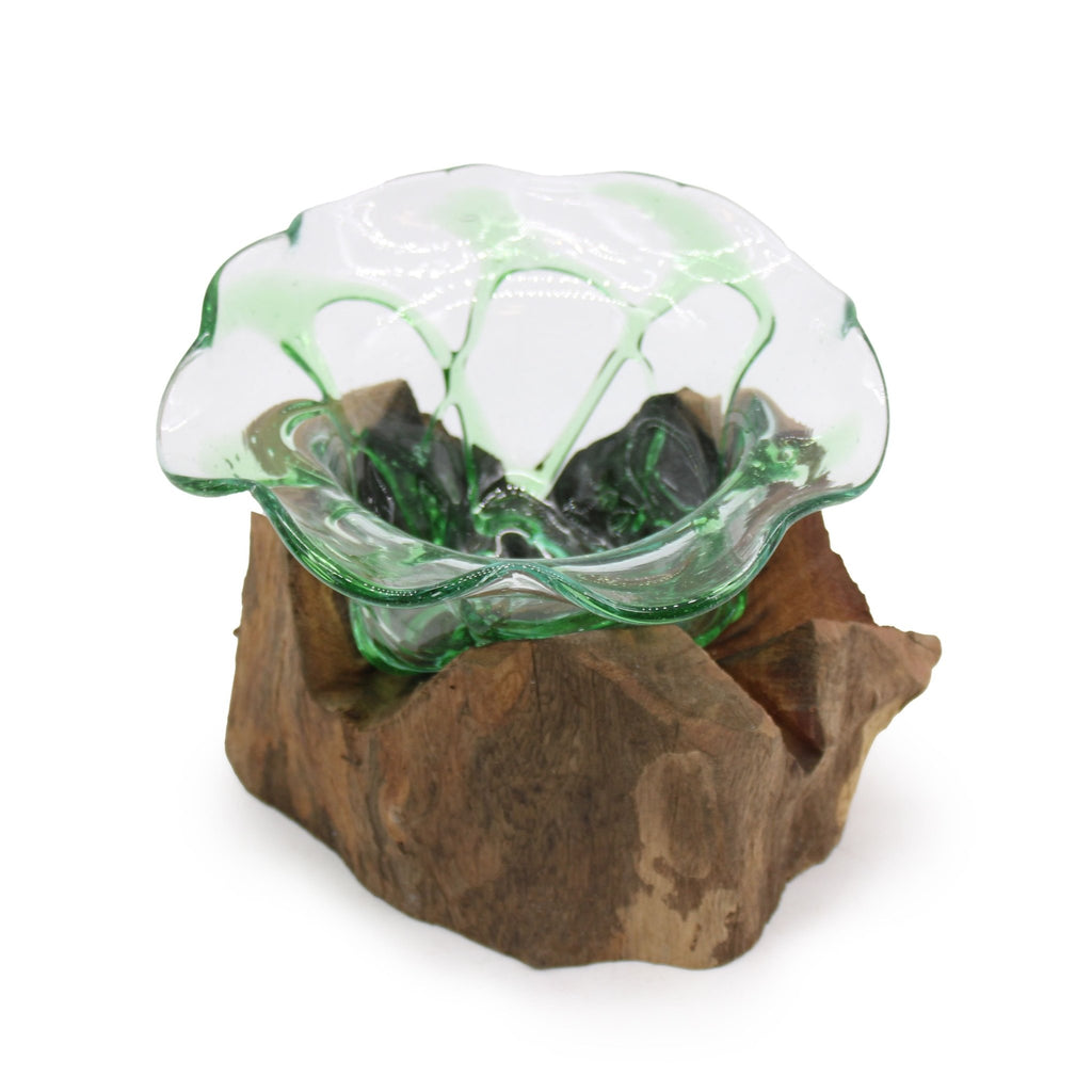 Recycled Glass Bowl on Wood, Large (Hand-Blown Sweet Bowl) - Molten Root