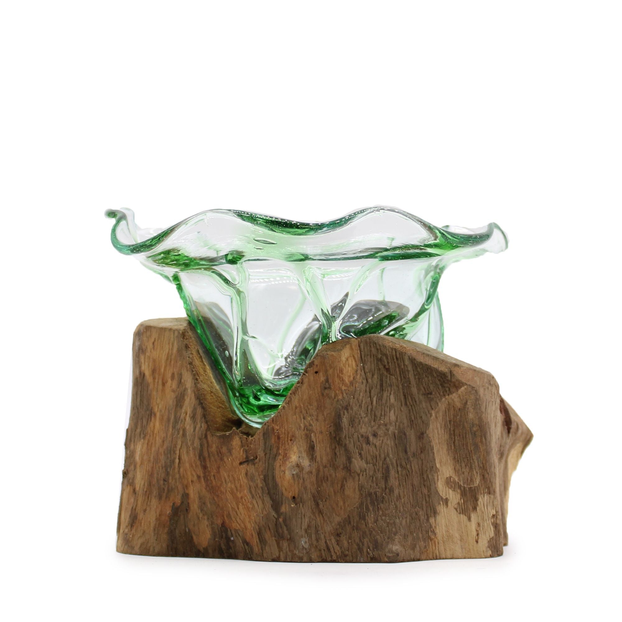 Recycled Glass Bowl on Wood, Large (Hand-Blown Sweet Bowl) - Molten Root