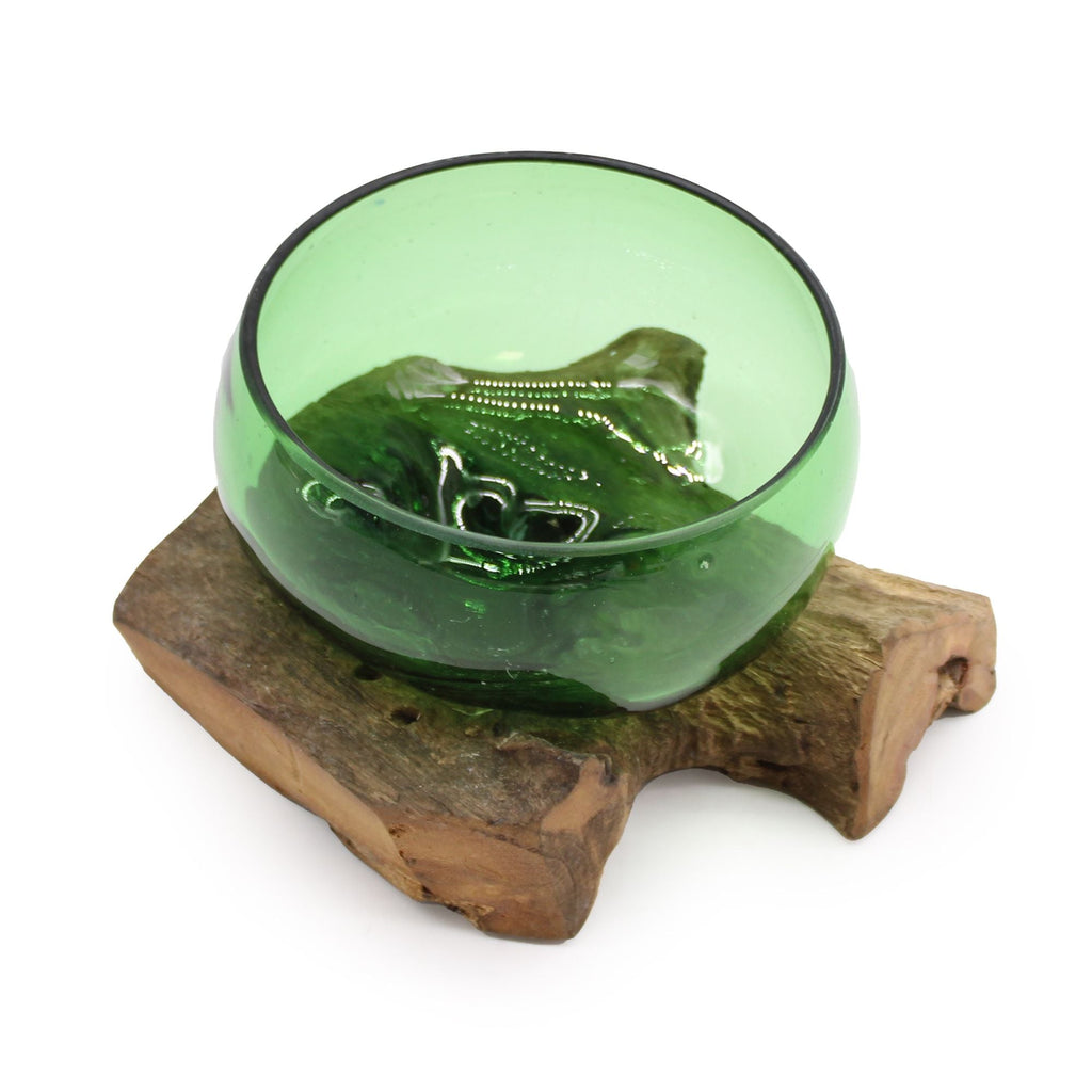 Recycled Glass Bowl on Wood, Wide (Hand-Blown Beer Bottle Glass) - Molten Root