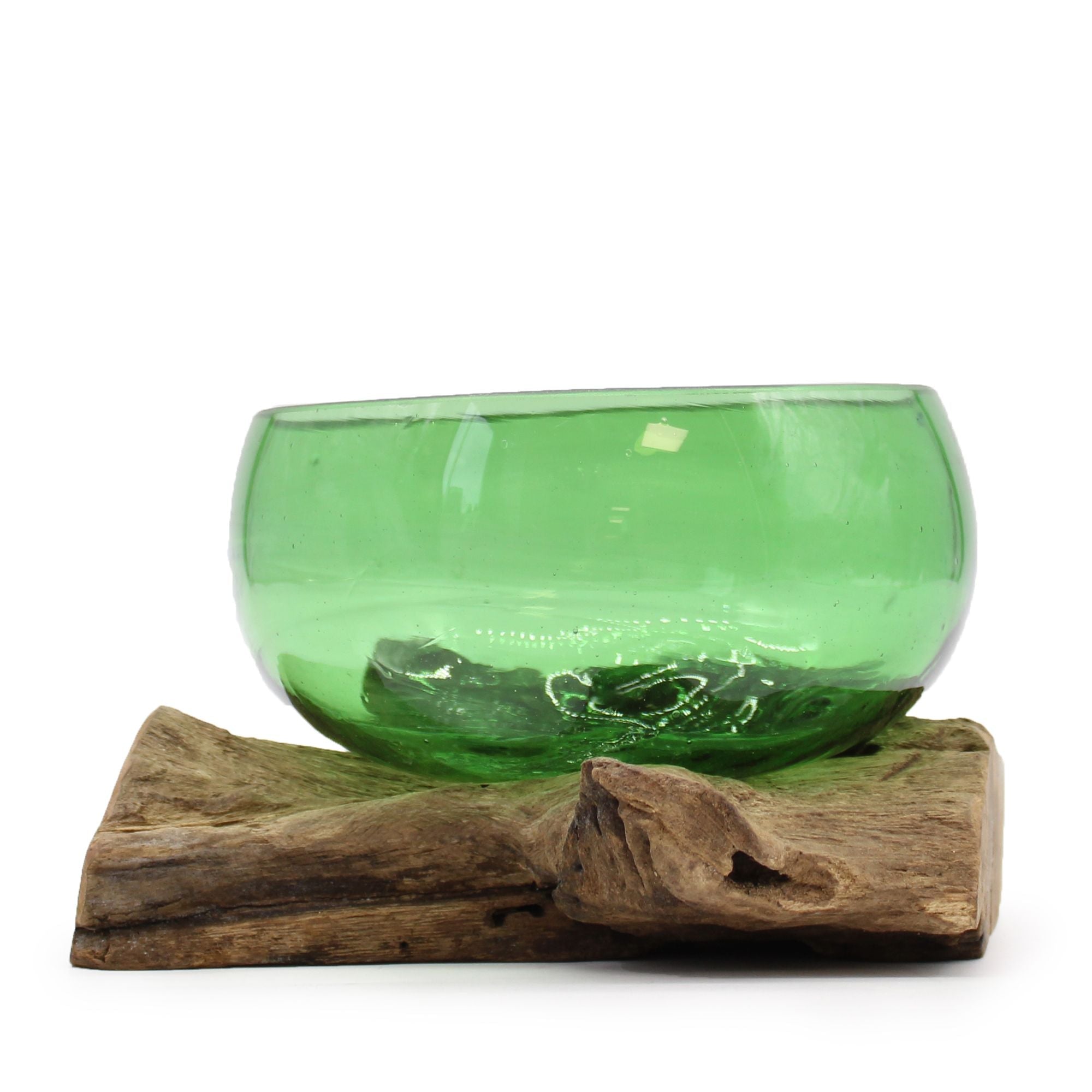 Recycled Glass Bowl on Wood, Wide (Hand-Blown Beer Bottle Glass) - Molten Root