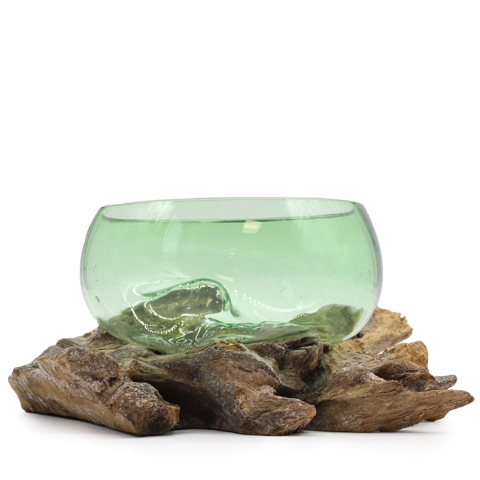 Recycled Glass on Wood Bowl, Large Wide (Hand-Blown Beer Bottle Glass) - Molten Root