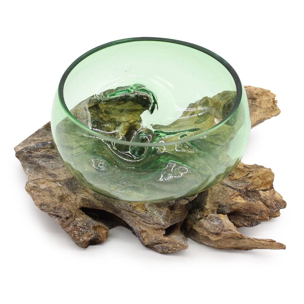 Recycled Glass on Wood Bowl, Large Wide (Hand-Blown Beer Bottle Glass) - Molten Root