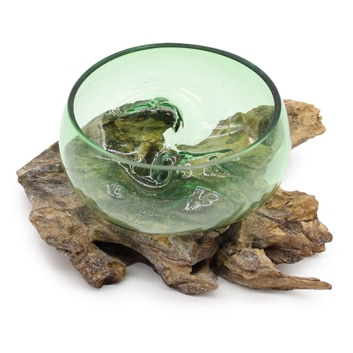 Recycled Glass on Wood Bowl, Large Wide (Hand-Blown Beer Bottle Glass) - Molten Root