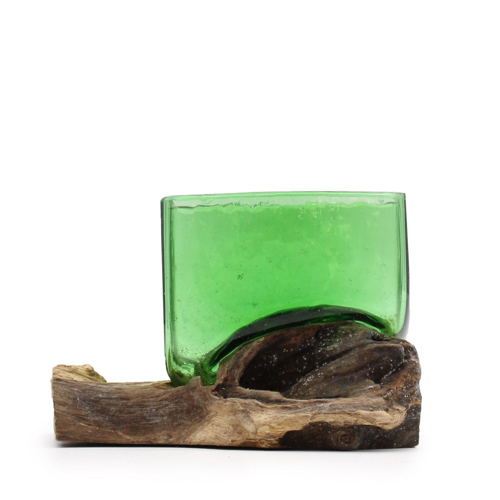 Recycled Glass Square Bowl on Wood, Hand-Blown Beer Bottle Glass - Molten Root
