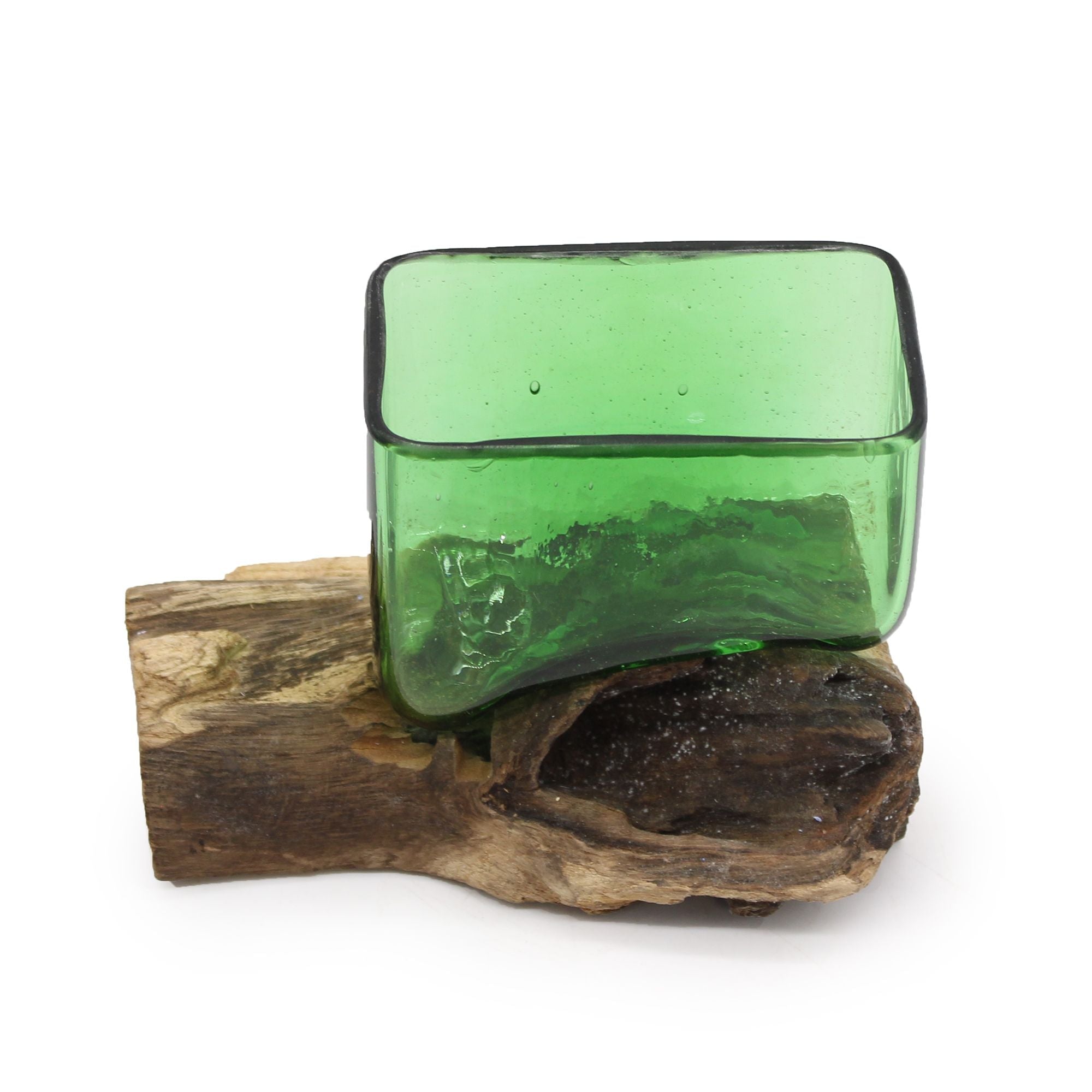 Recycled Glass Square Bowl on Wood, Hand-Blown Beer Bottle Glass - Molten Root
